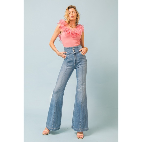 Flying Tomato Pink Organza Trimmed Ribbed Cotton Sleeveless Bodysuit - Picture 5 of 11